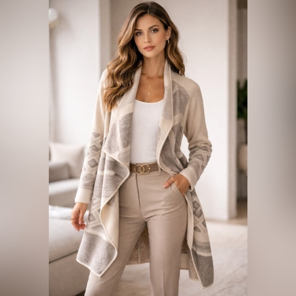 Vince Wool Alpaca Open Drape Cardigan | Long Neutral Geo Knit | S
